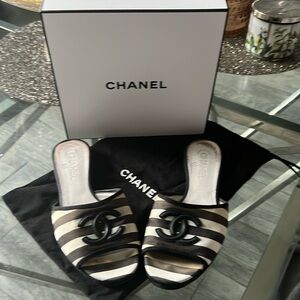 CHANEL Black and White Striped Sandals